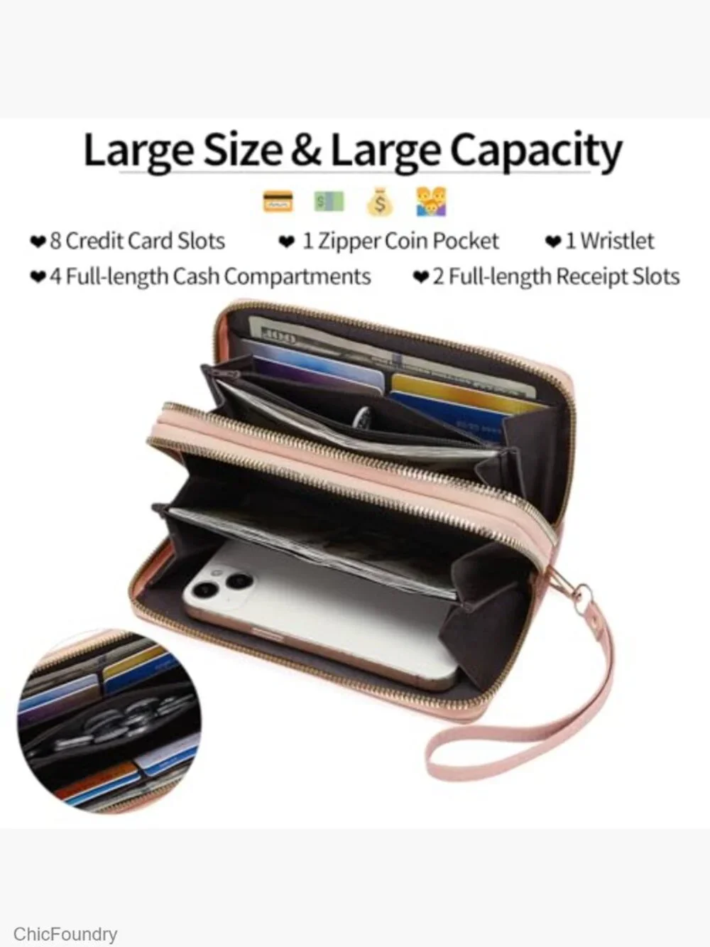 Double Zip Around Wristlet Wallet Large Capacity Card Holder